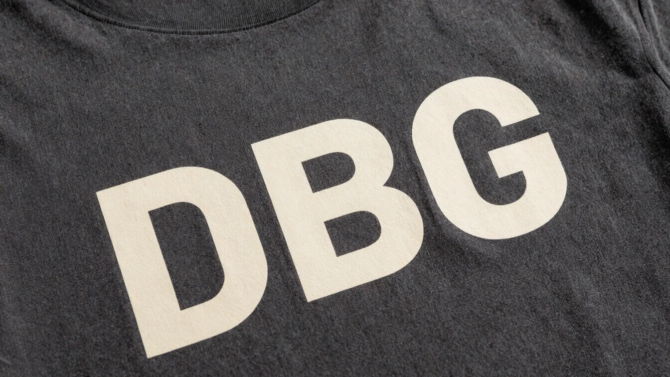 Close-up editorial detail of a charcoal graphic T-shirt printed w