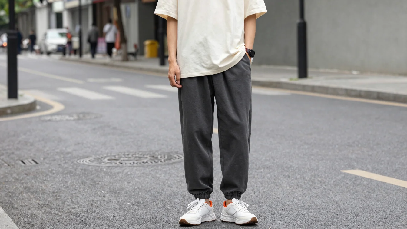 Full-body editorial shot of a person in an off-white streetwear t