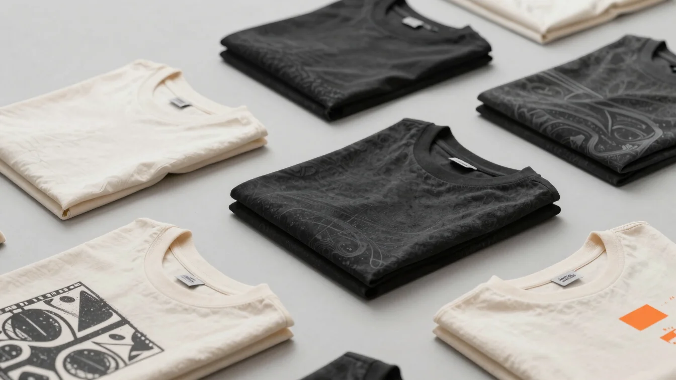 Editorial still life of folded charcoal and off-white graphic tee