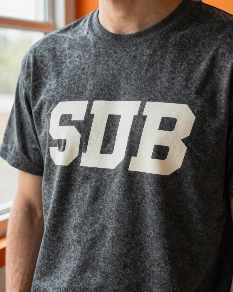 Close editorial detail of a charcoal streetwear T-shirt with a bold off-white graphic print, natural daylight from a sid
