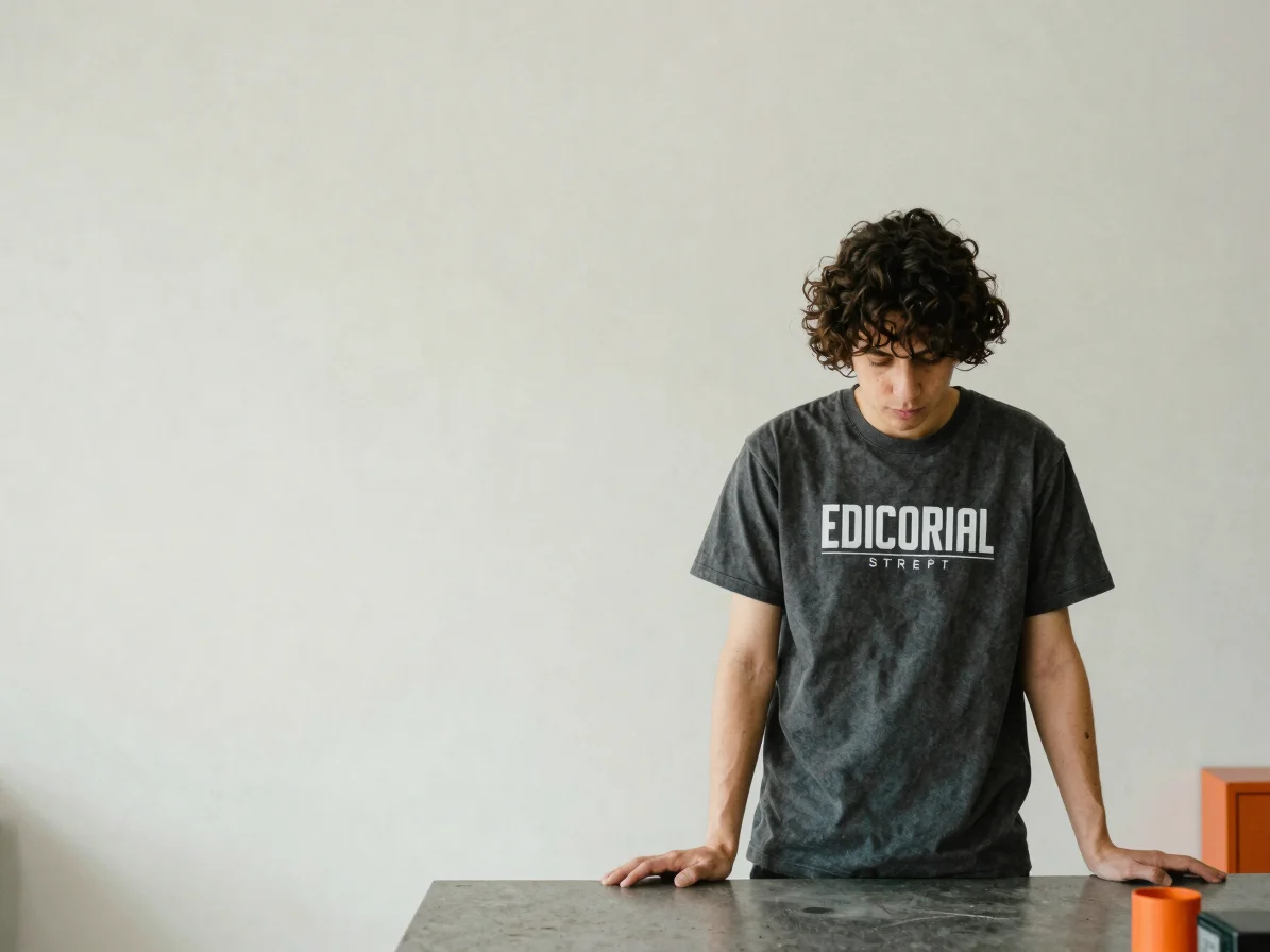 Editorial streetwear photograph, 35mm lens, clean natural daylight, a person in a charcoal graphic tee at a workbench in