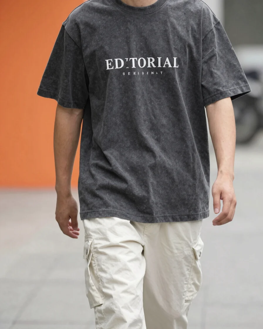 Editorial streetwear photograph, clean daylight, charcoal and off