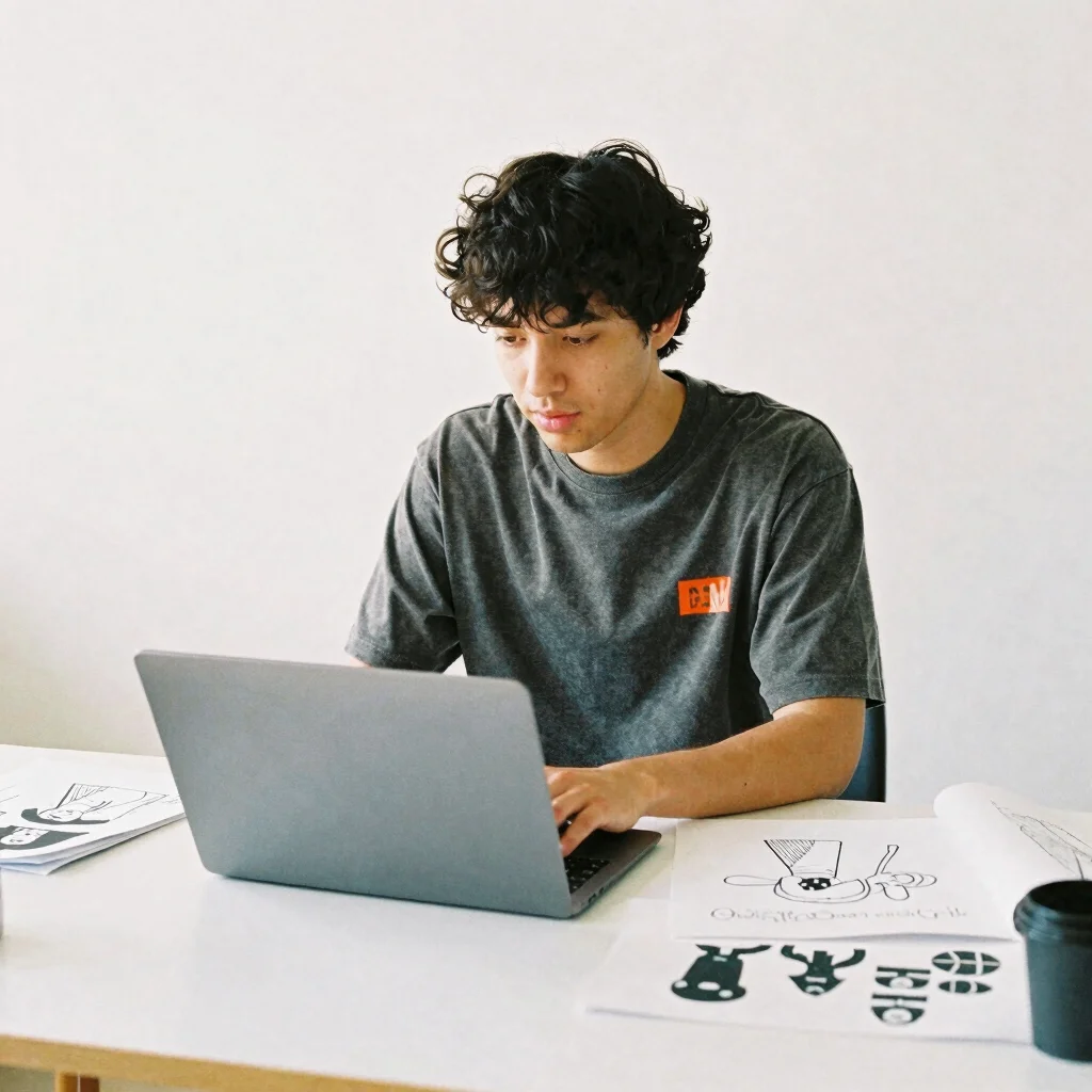 Editorial streetwear photograph, 35mm, clean daylight, a creator at a design desk wearing a charcoal streetwear tee, lap