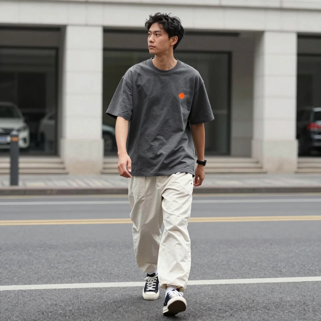 Editorial streetwear photograph, 35mm, natural daylight, an entrepreneur in everyday streetwear walking a city street, f
