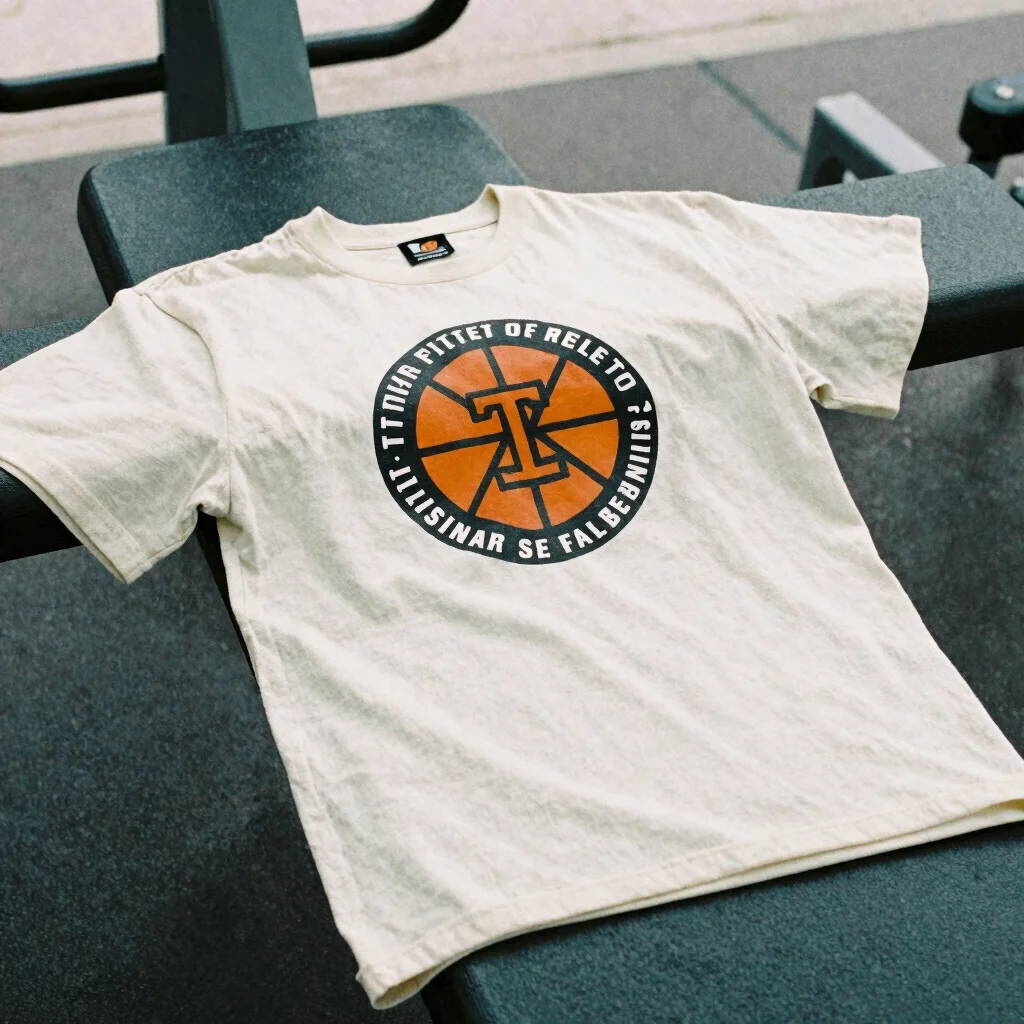 Editorial streetwear photograph, 35mm, clean daylight, close-up of an orange-accent graphic tee draped over a gym bench,