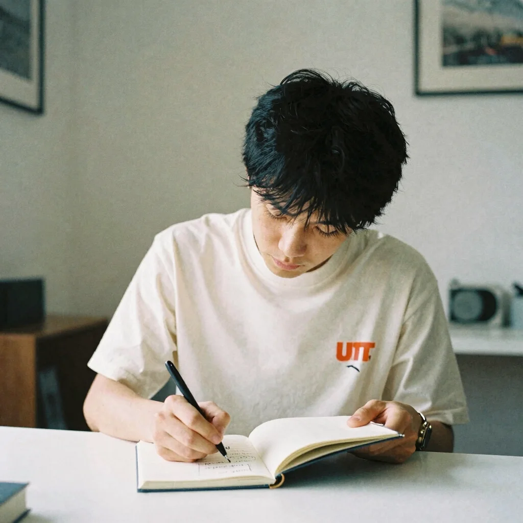 Editorial streetwear photograph, 35mm, soft daylight, a goal-setter writing plans in a notebook wearing an off-white gra