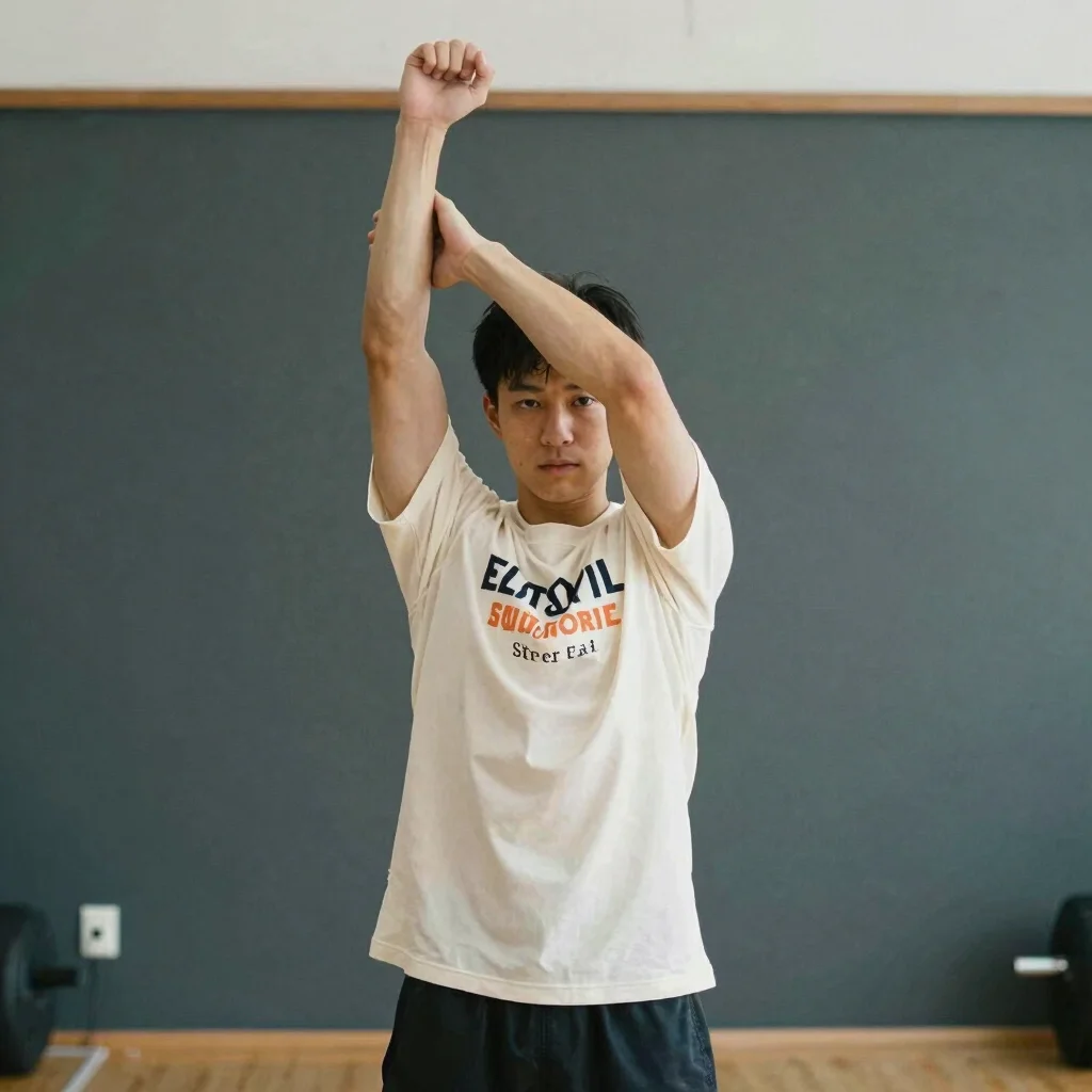 Editorial streetwear photograph, 35mm, clean daylight, an athlete in an off-white graphic tee mid-stretch in a training